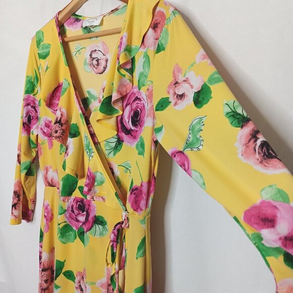 Janette Plus USA XL Dress Yellow Pink Floral Stretch Faux Wrap Midi Ruffle - Picture 5 of 8